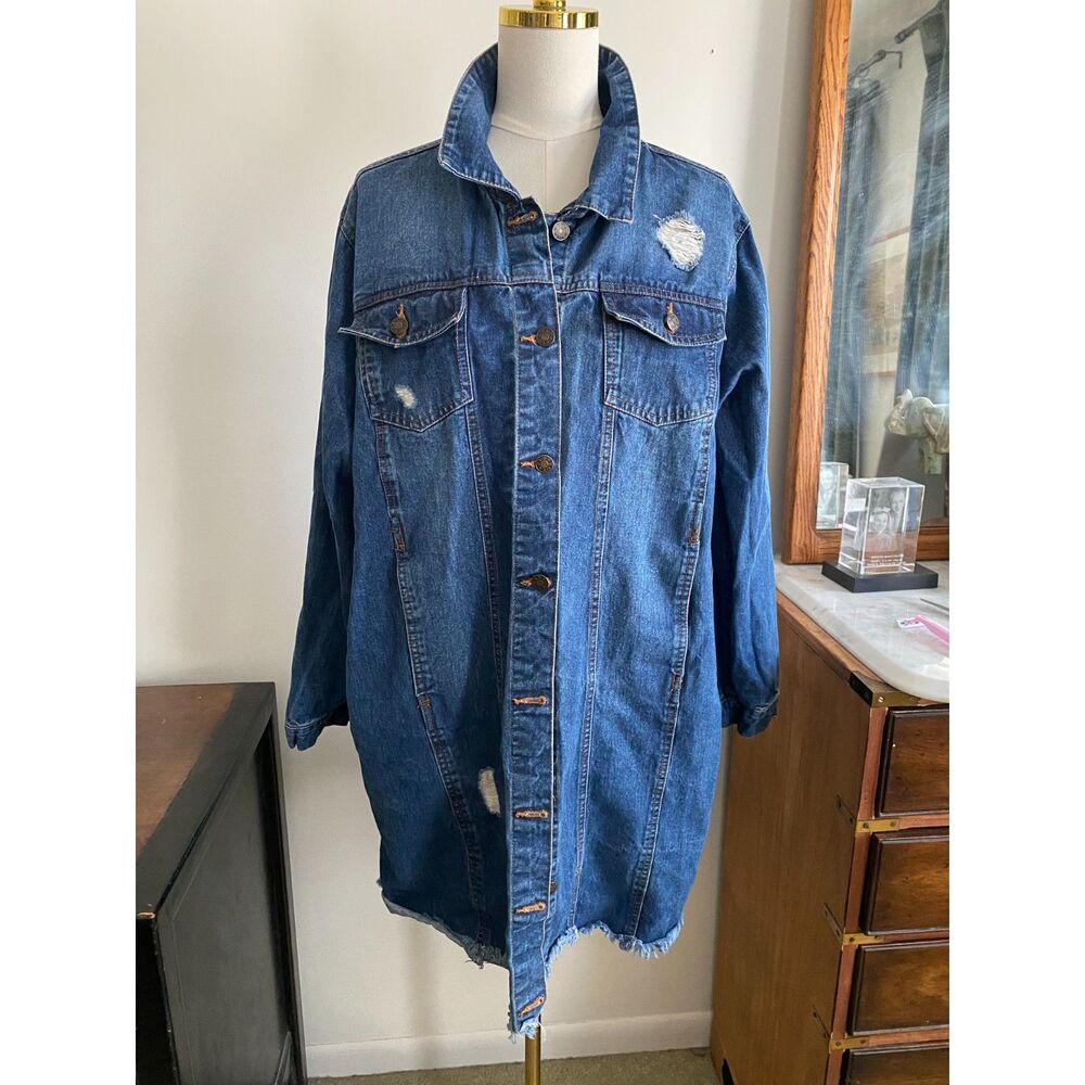 Taxi Long Jean Denim Jacket 2X Distressed Ripped Frayed Hem Shirt Coat Shacket
